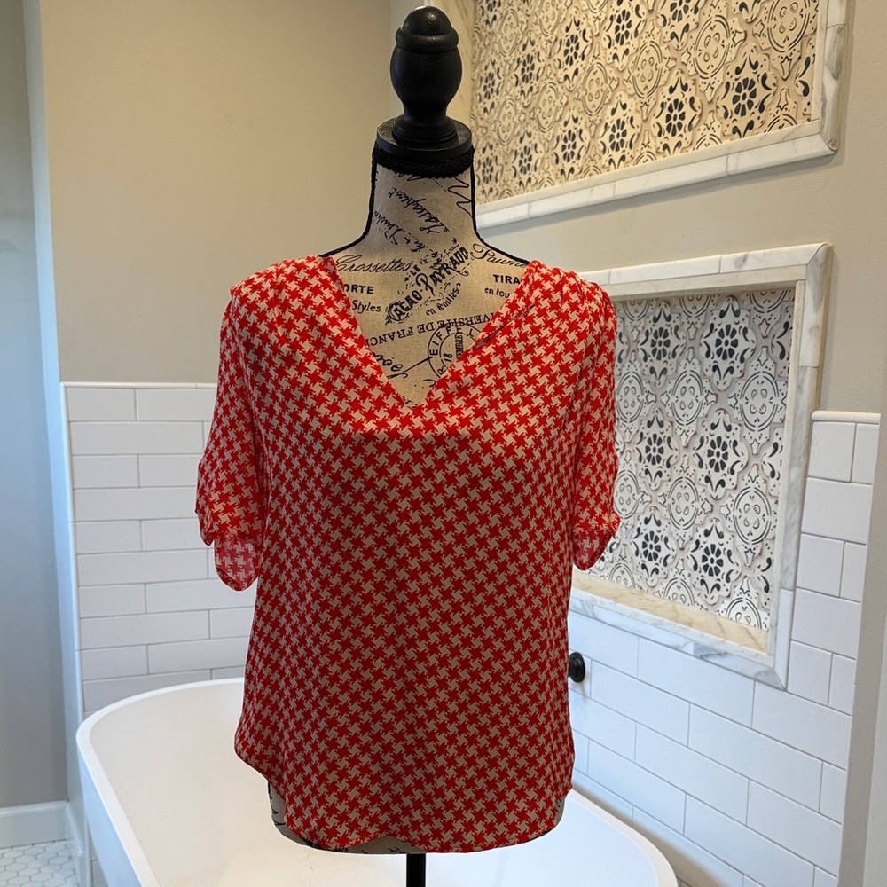 Joie Red Houndstooth V-Neck Blouse
